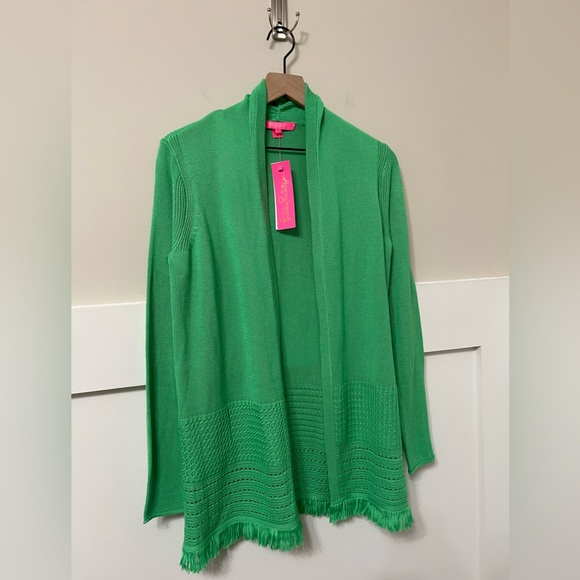 SOLD NWT Lilly Pulitzer Green Open Front Fringe Mid Length Cardigan  Size Medium - Picture 4 of 8